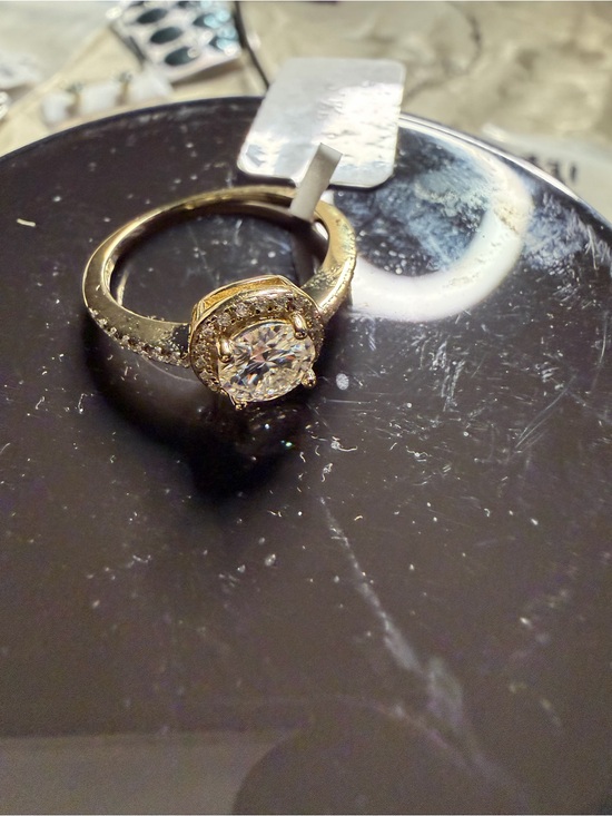 Jewelry - Gold Tone Halo Moissanite Solitaire Ring with Clear Center Stone